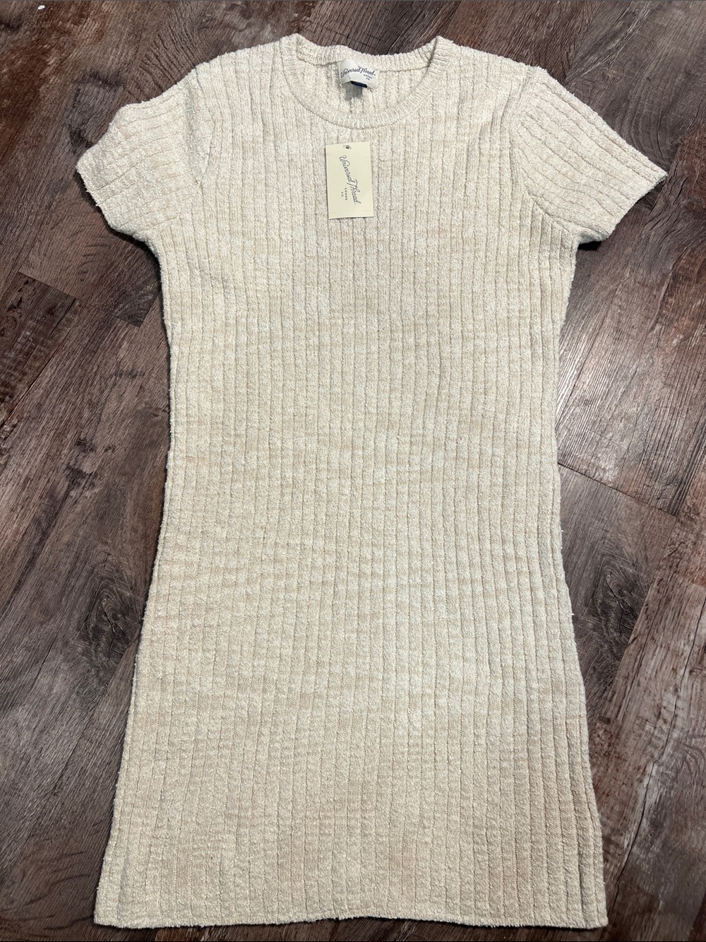 Universal Thread Cream Ribbed Short-Sleeve Midi Dress